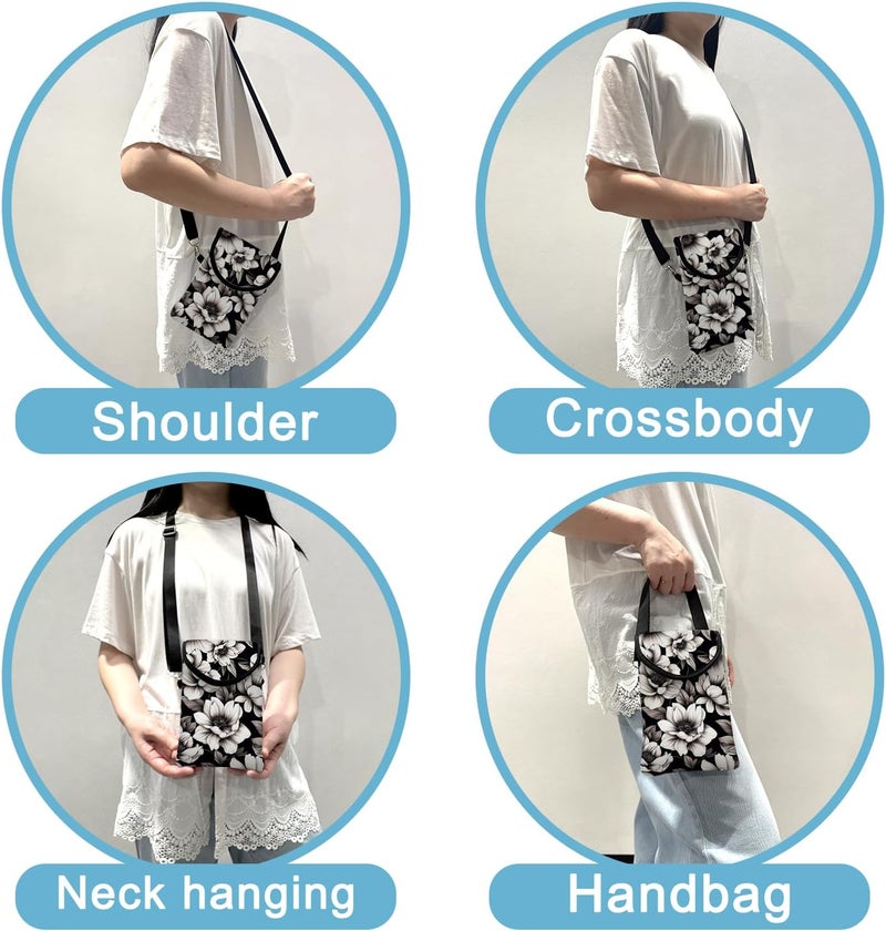 otilil Neoprene Cell Phone Sleeve Pouch Case Bag with Crossbody Strap Neck Lanyard for Women 7.5 X 4.3 in Flower Black - Image 3